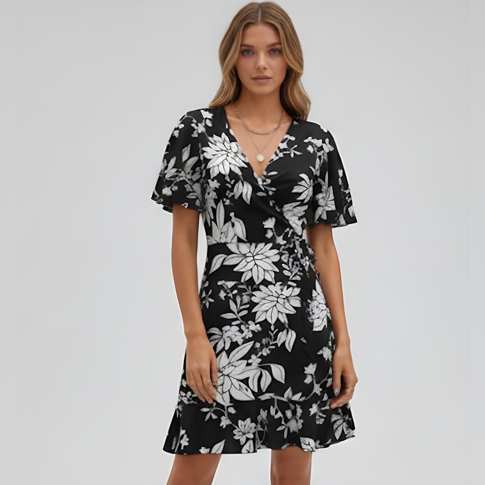 Floral Print Butterfly Sleeve Ruffle Trim Wrap Knot Side Dress - Picture 4 of 9